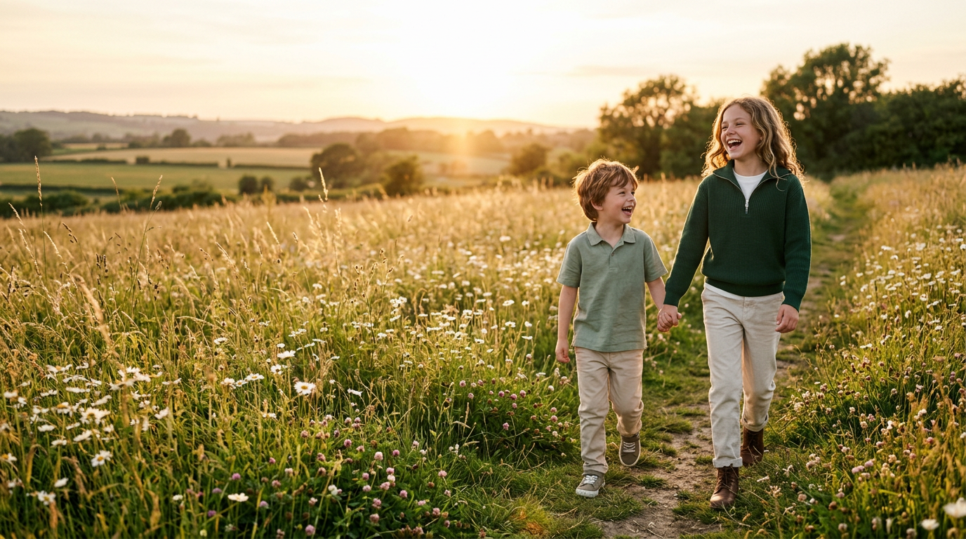 Siblings of different ages in Growing Co. clothing